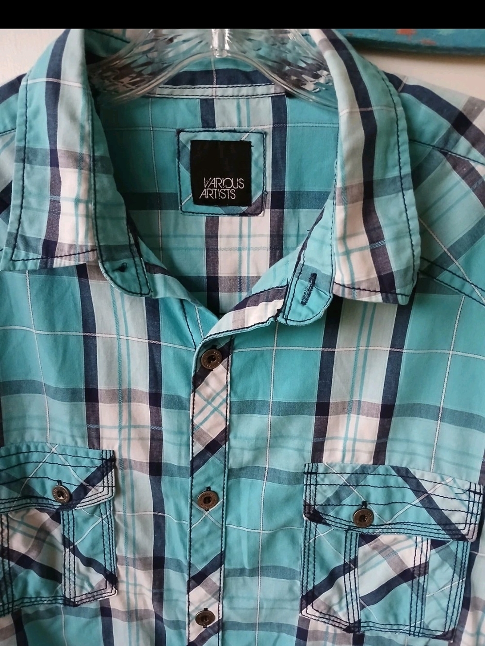 Various Artists Men's XL Teal Plaid Button-Up Shirt Tailored Fit Shirt